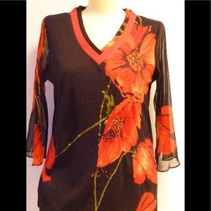 S or M Red black top shirt sheer chiffon sleeves